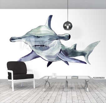 Picture of Watercolor hammerhead shark Illustration isolated on white background For design prints background t-shirt